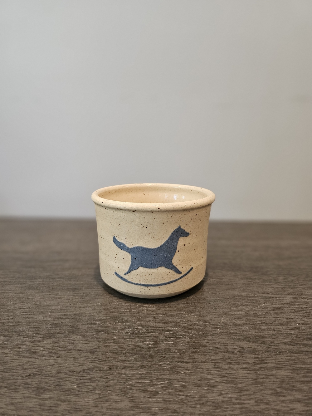 Vintage Style Handmade Stoneware Pet Crock Bowl – Blue Dog Silhouette